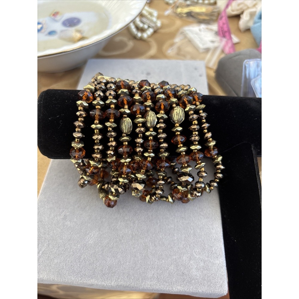 Bangled Brown‎ And Gold Toned Beaded Bracelet
